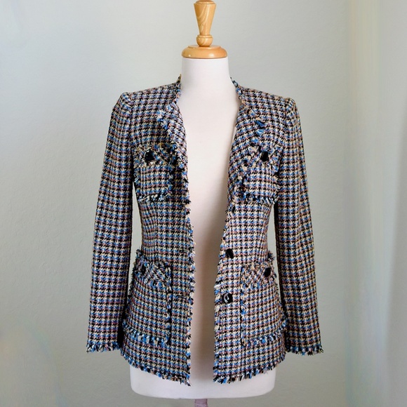 Rebecca Taylor HOUNDSTOOTH TWEED Blue/Black Tweed Blazer/Jacket NWT Sz 0 - Picture 5 of 15
